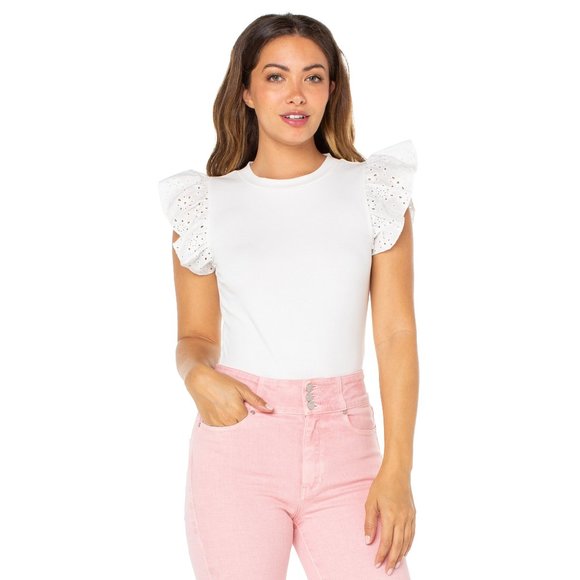 Celebrity Pink Juniors Flutter Sleeve Bodysuit-Eyelet White - Picture 1 of 4